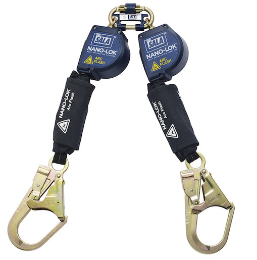 DBI/SALA® 8' Nano-Lok™ Arc Flash Quick Connect Twin-Leg Self Retracting Lanyard With Kevlar® Webbing Steel Rebar Hooks And Quick Connector For Harness Mounting