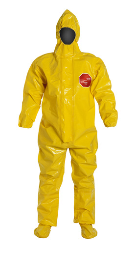 DuPont™ Large Yellow SafeSPEC™ 2.0 18 mil Tychem® BR Chemical Protection Coveralls With Taped Seams, Adhesive Storm Flap Over Front Zipper Closure, Respirator Fit Hood, Elastic Wrist, Attached Socks, And Outer Boot Flaps