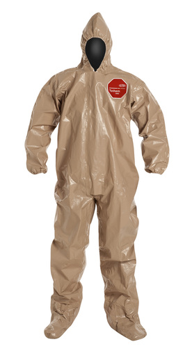 DuPont™ Large Tan SafeSPEC™ 2.0 18 mil Tychem® CPF3 Chemical Protection Coveralls With Taped Seams, Adhesive Storm Flap Over Front Zipper Closure, Standard Fit Hood, Elastic Wrists, And Attached Socks