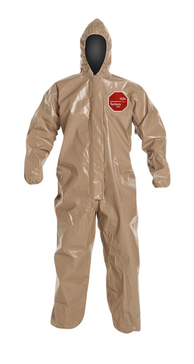 DuPont™ Medium Tan SafeSPEC™ 2.0 18 mil Tychem® CPF3 Chemical Protection Coveralls With Taped Seams, Front Zipper With Storm Flap And Adhesive Closure, Standard Fit Hood, And Elastic Wrists And Ankles
