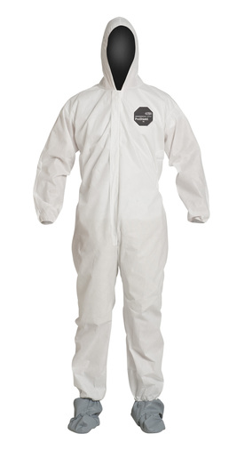 DuPont™ 2X White SafeSPEC™ 2.0 ProShield® Basic Disposable Chemical Protection Coveralls With Front Zipper With Storm Flap Closure, Serged Seams, Standard Fit Hood, Elastic Wrists, And Attached Skid Resistant Boots