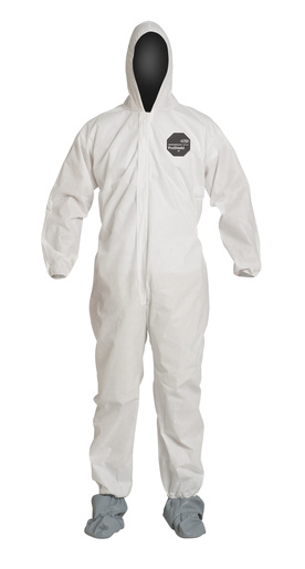 DuPont™ X-Large White SafeSPEC™ 2.0 ProShield® Basic Disposable Chemical Protection Coveralls With Front Zipper With Storm Flap Closure, Serged Seams, Standard Fit Hood, Elastic Wrists, And Attached Skid Resistant Boots