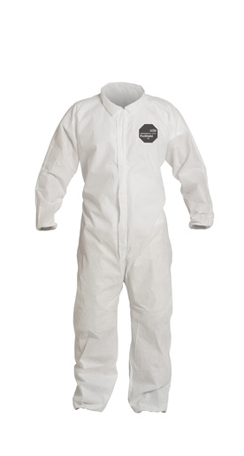 DuPont™ 4X White SafeSPEC™ 2.0 ProShield® Basic Disposable Chemical Protection Coveralls With Front Zipper With Storm Flap Closure, Serged Seams, Laydown Collar, Elastic Wrists, And Ankles