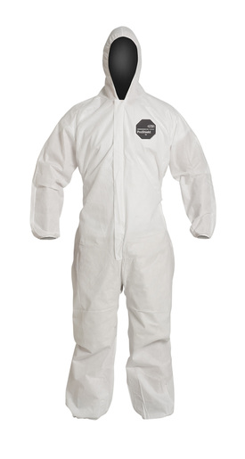 DuPont™ 4X White SafeSPEC™ 2.0 ProShield® Basic Disposable Chemical Protection Coveralls With Front Zipper With Storm Flap Closure, Serged Seams, Standard Fit Hood, Elastic Wrists, And Attached Skid Resistant Boots