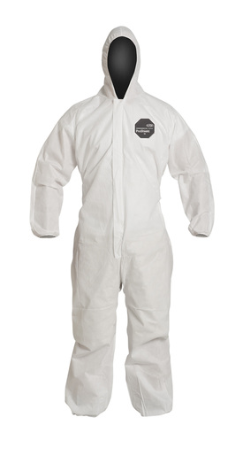 DuPont™ 5X White SafeSPEC™ 2.0 ProShield® Basic Disposable Chemical Protection Coveralls With Front Zipper With Storm Flap Closure, Serged Seams, Standard Fit Hood, Elastic Wrists, And Attached Skid Resistant Boots