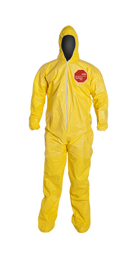 DuPont™ 2X Yellow SafeSPEC™ 2.0 10 mil Tychem® QC Chemical Protection Coveralls With Serged Seams, Front Zipper Closure, Standard Fit Hood, Elastic Wrists, And Attached Socks