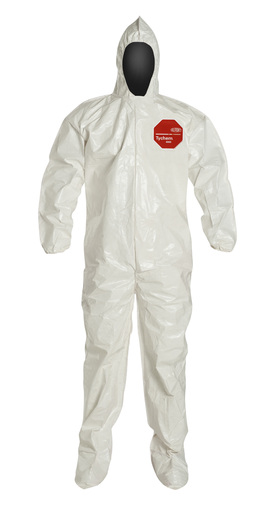 DuPont™ Large White SafeSPEC™ 2.0 12 mil Tychem® SL Saranex™ 23-P Film Laminated Chemical Protection Coveralls With Bounds Seams, Adhesive Storm Flap Over Front Zipper, Standard Fit Hood, Elastic Wrists, And Attached Socks