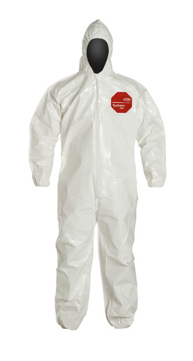 DuPont™ X-Large White SafeSPEC™ 2.0 12 mil Tychem® SL Saranex™ 23-P Film Laminated Chemical Protection Coveralls With Bound Seams, Front Zipper With Storm Flap And Adhesive Closure, Attached Hood, And Elastic Wrists And Ankles