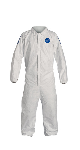 DuPont™ 2X White And Blue TD125S WB 5.9 mils Tyvek® And ProShield® Chemical Protection Coveralls With Serged Seams, Storm Flap Over Front Zipper Closure, Elastic Wrist And Ankle