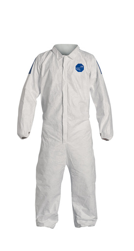 DuPont™ 3X White And Blue TD125S WB 5.9 mils Tyvek® And ProShield® Chemical Protection Coveralls With Serged Seams, Storm Flap Over Front Zipper Closure, Elastic Wrist And Ankle