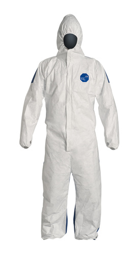 DuPont™ Large White And Blue TD127S WB 5.9 mils Tyvek® And ProShield® Chemical Protection Coveralls With Serged Seams, Storm Flap Over Front Zipper Closure, Hood, Elastic Wrist And Ankle