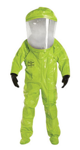 DuPont™ Large Lime Yellow SafeSPEC™ 2.0 25 mil Tychem® TK Encapsulated Level A Chemical Protection Suit With Hood, Socks With Outer Boot Flaps, Extra Wide Three Layer Faceshield, Two Exhaust Valves, Internal Barrier® Gloves, Knee Wear Pads, Internal Adjustment Belt And Outer Butyl Gloves