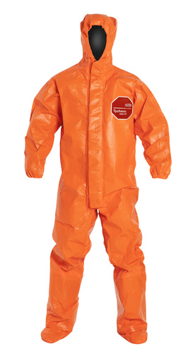 DuPont™ 2X Orange SafeSPEC™ 2.0 34 mil Tychem® ThermoPro Chemical Protection Coveralls With Taped Seams, Double Storm Flap With Hook And Loop Closure, Respirator Fit Hood With Drawstring, Socks With Outer Boot Flaps And Elastic Wrists