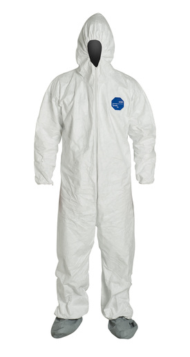 DuPont™ Large White Safespec™ Tyvek® Flash Spun Polyethylene Disposable Coveralls With Front Zipper Closure, Respirator Fit Hood, Elastic Waist, Skid Resistant Boots And Serged Seams