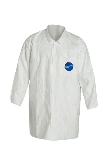 DuPont™ Medium White 34" Safespec™ 2.0 5.4 mil Tyvek® Disposable Lab Coat With 5 Snap Front Closure, Mandarin Collar And Open Wrist (30 Per Case)