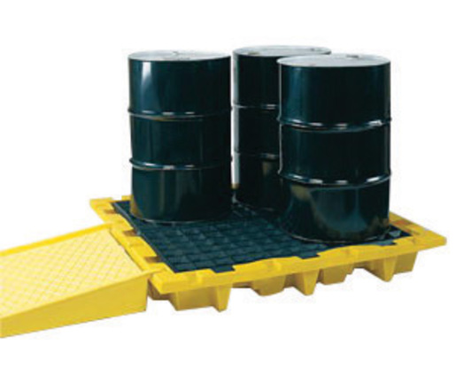 Eagle 58 1/2" X 58 1/2" X 7 3/4" Yellow HDPE 4-Drum Nestable Containment Pallet With 66 Gallon Spill Capacity And Drain