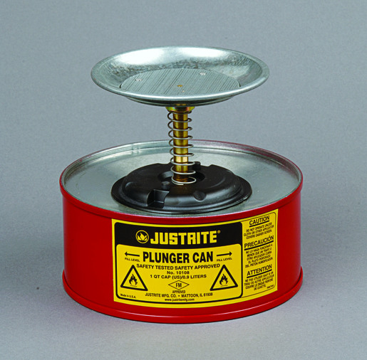 Justrite® 1 Quart Red Galvanized Steel Safety Plunger Can With 5" Dasher Plate And Brass/Ryton® Plunger Assembly (For Flammables) 1 Justrite® 1 Quart Red Galvanized Steel Safety Plunger Can With 5" Dasher Plate And Brass/Ryton® Plunger Assembly (For Flammables)