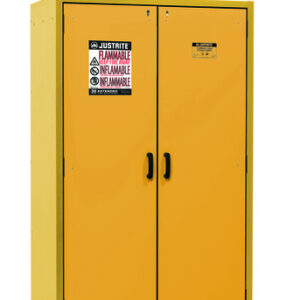 Justrite® 45 Gallon Yellow Melamine Resin And Steel EN Flammable Safety Cabinet With (3) Adjustable Shelves And (2) Self-Closing Flame Retardant Doors