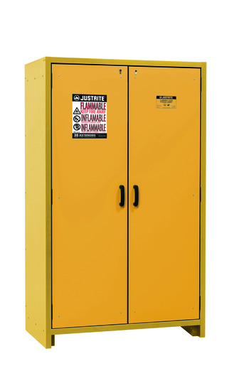 Justrite® 45 Gallon Yellow Melamine Resin And Steel EN Flammable Safety Cabinet With (3) Adjustable Shelves And (2) Self-Closing Flame Retardant Doors 1 Justrite® 45 Gallon Yellow Melamine Resin And Steel EN Flammable Safety Cabinet With (3) Adjustable Shelves And (2) Self-Closing Flame Retardant Doors