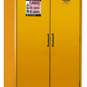 Justrite® 45 Gallon Yellow Steel EN Fammable Safety Cabinet With (3) Adjustable Shelves And (2) Self-Closing Doors