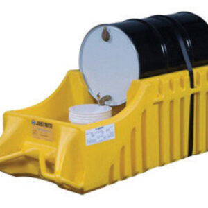 Justrite® 32" X 26" X 72" 66 Gallon EcoPolyBlend™ Yellow Polyethylene Indoor And Outdoor Drum Caddy With Rubber Wheels (For Spill Containment)