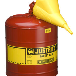Justrite® 5 Gallon Red Galvanized Steel Type I Safety Can With 3 1/2" Stainless Steel Flame Arrester, Self-Closing Lid And Polypropylene Funnel (For Flammable Liquids)