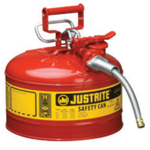 Justrite® 2 1/2 Gallon Red AccuFlow™ Galvanized Steel Type II Vented Safety Can With Stainless Steel Flame Arrester And 1" Metal Hose (For Flammable Liquids)