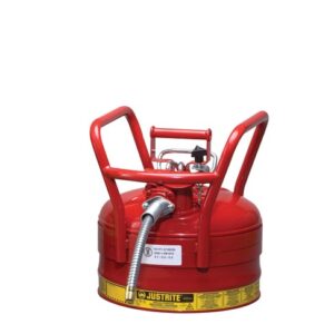 Justrite® 2 1/2 Gallon Red AccuFlow™ Galvanized Steel Type II Vented Safety Can With Flame Arrester, 5/8" Metal Hose And Roller Bars (For Flammables)