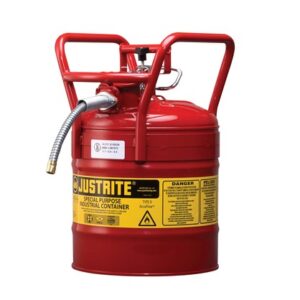 Justrite® 5 Gallon Red AccuFlow™ Galvanized Steel Type II Vented Safety Can With Flame Arrester, 5/8" Metal Hose And Roller Bars (For Flammables)
