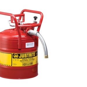 Justrite® 5 Gallon Red AccuFlow™ Galvanized Steel Type II Vented Safety Can With Flame Arrester, 1" Metal Hose And Roll Bar (For Flammables)