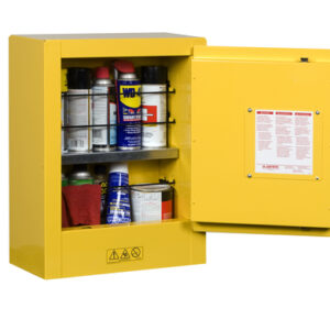Justrite® 1 Gallon Yellow Sure-Grip® EX 18 Gauge Cold Rolled Steel Countertop Mini Safety Cabinet With (1) Manual Close Door And (1) Shelf (For Flammables)