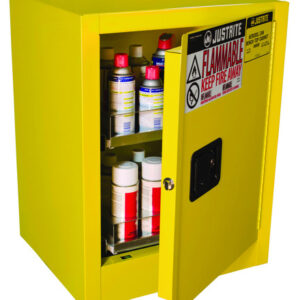 Justrite® 21" X 27" X 18" Yellow Sure-Grip® EX 18 Gauge Cold Rolled Steel Aerosol Can Benchtop Safety Cabinet With (2) Drawers And (1) Manual Close Door (For Flammables)