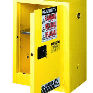 Justrite® 12 Gallon Yellow Sure-Grip® EX 18 Gauge Cold Rolled Steel Compact Safety Cabinet With (1) Manual Close Door And (1) Shelf (For Flammables)