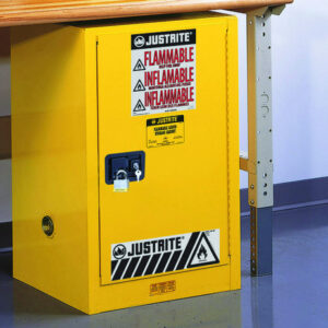 Justrite® 12 Gallon Yellow Sure-Grip® EX 18 Gauge Cold Rolled Steel Compact Safety Cabinet With (1) Self-Closing Door And (1) Shelf (For Flammables)