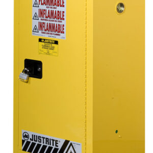 Justrite® 15 Gallon Yellow Sure-Grip® EX 18 Gauge Cold Rolled Steel Compact Safety Cabinet With (1) Manual Close Door And (1) Shelf (For Flammables)