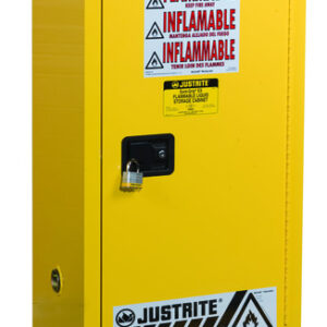 Justrite® 15 Gallon Yellow Sure-Grip® EX 18 Gauge Cold Rolled Steel Compact Safety Cabinet With (1) Self-Closing Door And (1) Shelf (For Flammables)