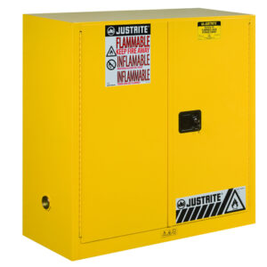 Justrite® 43" W X 44" H X 18" D 30 Gallon Yellow Sure-Grip® EX 18 Gauge Cold Rolled Steel Safety Cabinet With (2) Manual Close Doors And (1) Shelf (For Flammables)
