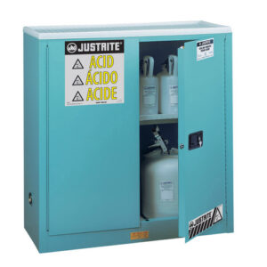 Justrite® 30 Gallon Blue Sure-Grip® EX 18 Gauge Cold Rolled Steel Undercounter Safety Cabinet With (2) Manual Close Doors And (1) Adjustable Shelf (For Corrosive Acids)