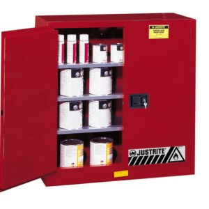 Justrite® 40 Gallon Red Sure-Grip® EX 18 Gauge Cold Rolled Steel Safety Cabinet With (2) Manual Close Doors And (3) Shelves (For Combustibles)
