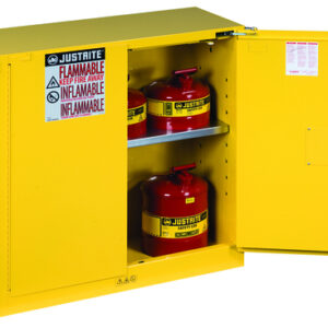 Justrite® 30 Gallon Yellow Sure-Grip® EX 18 Gauge Cold Rolled Steel Safety Cabinet With (2) Self-Closing Doors And (1) Shelf (For Flammables)