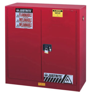 Justrite® 40 Gallon Red Sure-Grip® EX 18 Gauge Cold Rolled Steel Safety Cabinet With (2) Self-Closing Doors And (3) Shelves (For Combustibles)