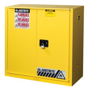 Justrite® 30 Gallon Yellow Sure-Grip® EX 18 Gauge Cold Rolled Steel Safety Cabinet With (1) Bi-Fold Self-Closing Door And (1) Shelf (For Flammables)