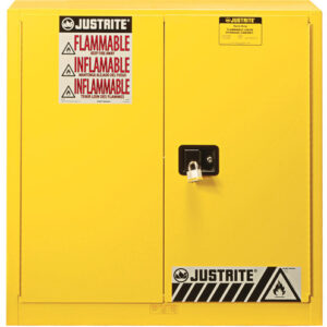 Justrite® 36" W X 35" H X 24" D 30 Gallon Yellow Sure-Grip® EX 18 Gauge Cold Rolled Steel Safety Cabinet With (2) Manual Close Doors And (1) Shelf (For Flammables)