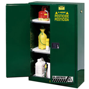Justrite® 45 Gallon Green Sure-Grip® EX 18 Gauge Cold Rolled Steel Safety Cabinet With (2) Manual Close Doors And (2) Adjustable Shelves (For Pesticides)