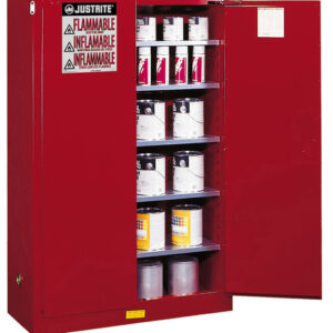 Justrite® 60 Gallon Red Sure-Grip® EX 18 Gauge Cold Rolled Steel Safety Cabinet With (2) Manual Close Doors And (5) Shelves (For Combustibles)
