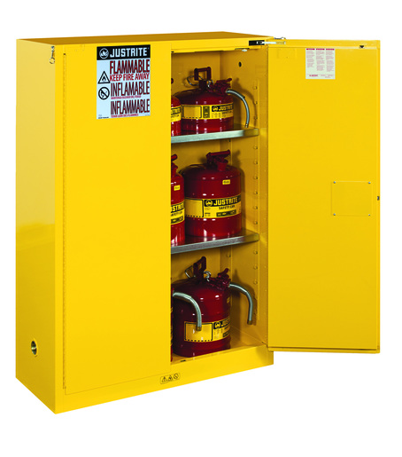 JustriteĀ® 45 Gallon Yellow Sure-GripĀ® EX 18 Gauge Cold Rolled Steel Safety Cabinet With (2) Self-Closing Doors And (2) Shelves (For Flammables) 1 JustriteĀ® 45 Gallon Yellow Sure-GripĀ® EX 18 Gauge Cold Rolled Steel Safety Cabinet With (2) Self-Closing Doors And (2) Shelves (For Flammables)
