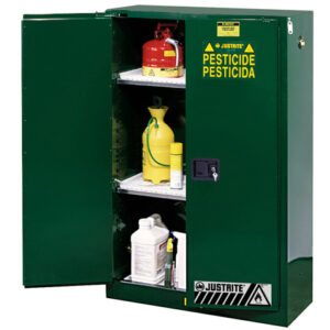Justrite® 45 Gallon Green Sure-Grip® EX 18 Gauge Cold Rolled Steel Safety Cabinet With (2) Self-Closing Doors And (2) Adjustable Shelf (For Pesticides)