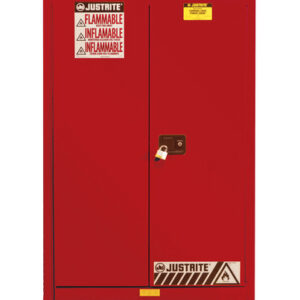 Justrite® 60 Gallon Red Sure-Grip® EX 18 Gauge Cold Rolled Steel Safety Cabinet With (2) Self-Closing Doors And (5) Shelves (For Combustibles)