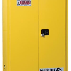 Justrite® 45 Gallon Yellow Sure-Grip® EX 18 Gauge Cold Rolled Steel Safety Cabinet With (1) Bi-Fold Self-Closing Door And (2) Shelves (For Flammables)
