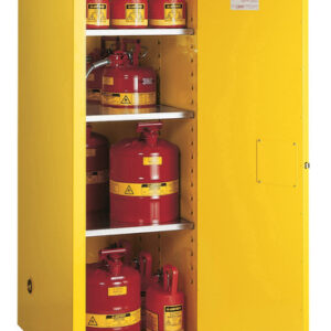 Justrite® 55 Gallon Yellow Sure-Grip® EX 18 Gauge Cold Rolled Steel Deep Slimline Safety Cabinet With (1) Manual Close Door And (3) Shelves (For Flammables)